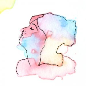 a woman's face drawn over watercolor